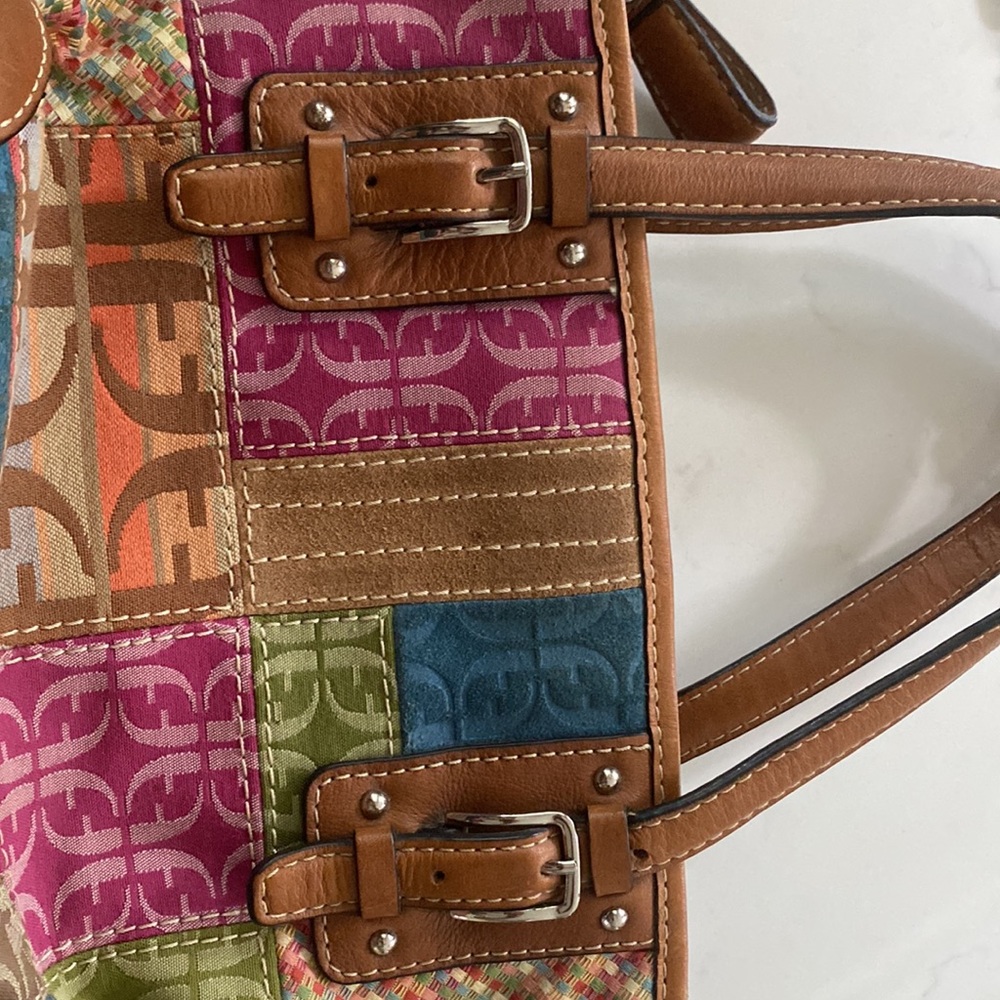 Vintage Fossil Multicolor Patchwork Leather Trim & Canvas Tote Bag/shoulder bag - Picture 12 of 16